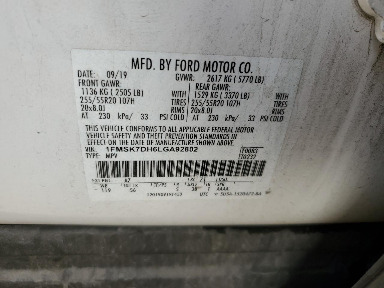 2020 Ford Explorer Xlt VIN: 1FMSK7DH6LGA92802 Lot: 79206674