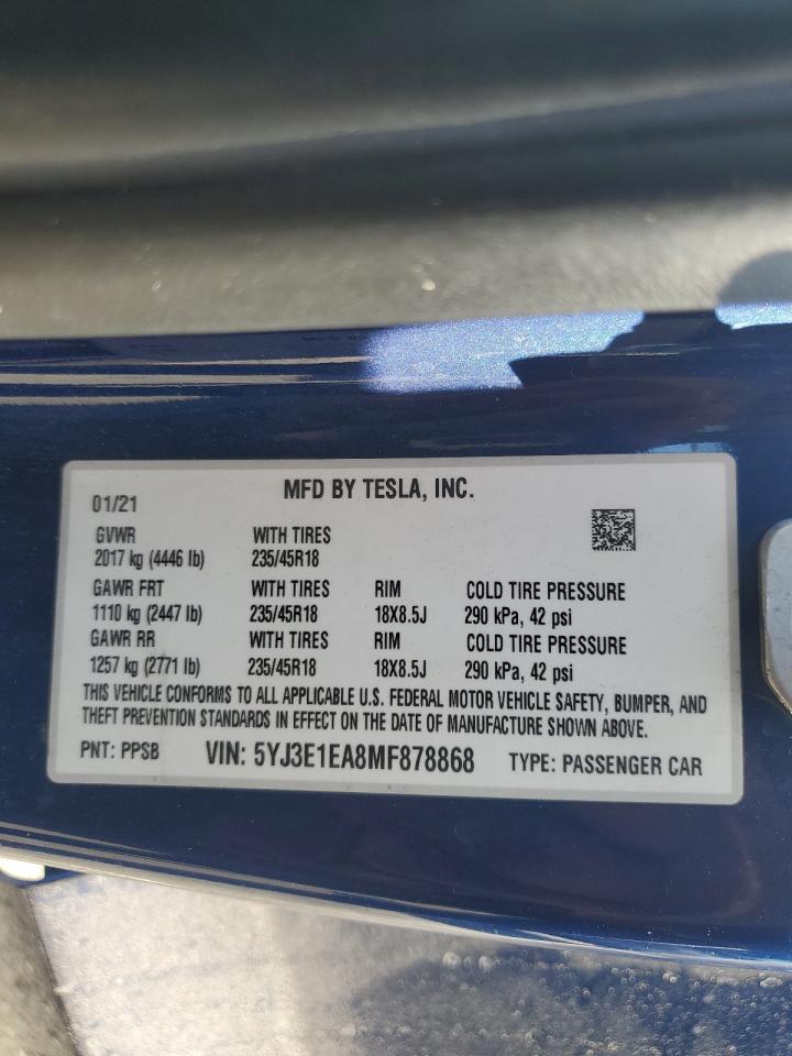 2021 Tesla Model 3 VIN: 5YJ3E1EA8MF878868 Lot: 81087744