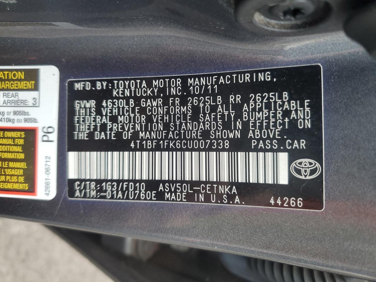 2012 Toyota Camry Base VIN: 4T1BF1FK6CU007338 Lot: 79633264