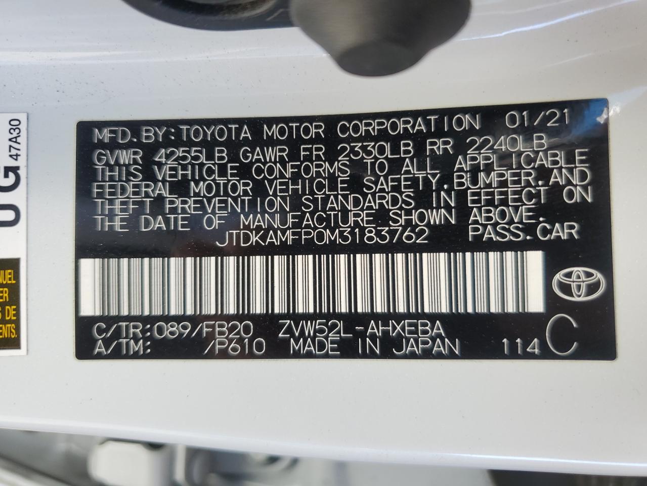 2021 Toyota Prius Prime Le VIN: JTDKAMFP0M3183762 Lot: 79855684