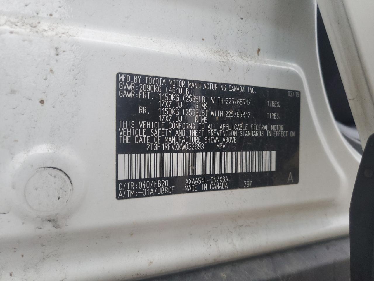 VIN 2T3F1RFVXKW032693 2019 TOYOTA RAV4 no.14