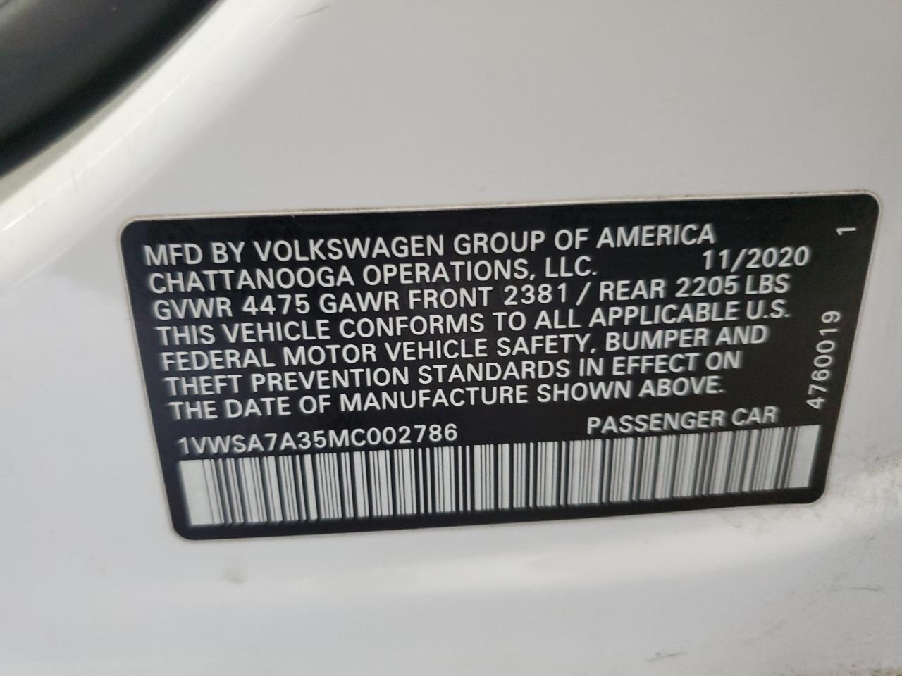 VIN 1VWSA7A35MC002786 2021 VOLKSWAGEN PASSAT no.12