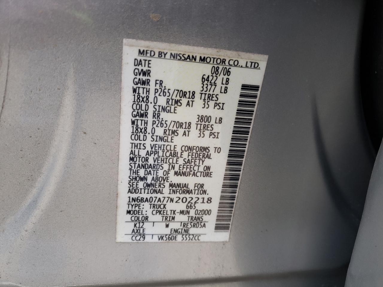 2007 Nissan Titan Xe VIN: 1N6BA07A77N202218 Lot: 61204835