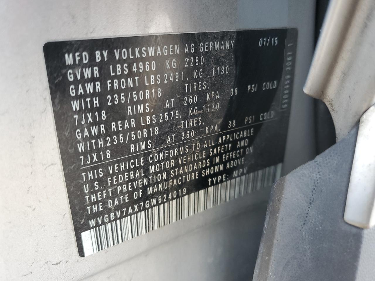 VIN WVGBV7AX7GW524019 2016 VOLKSWAGEN TIGUAN no.12