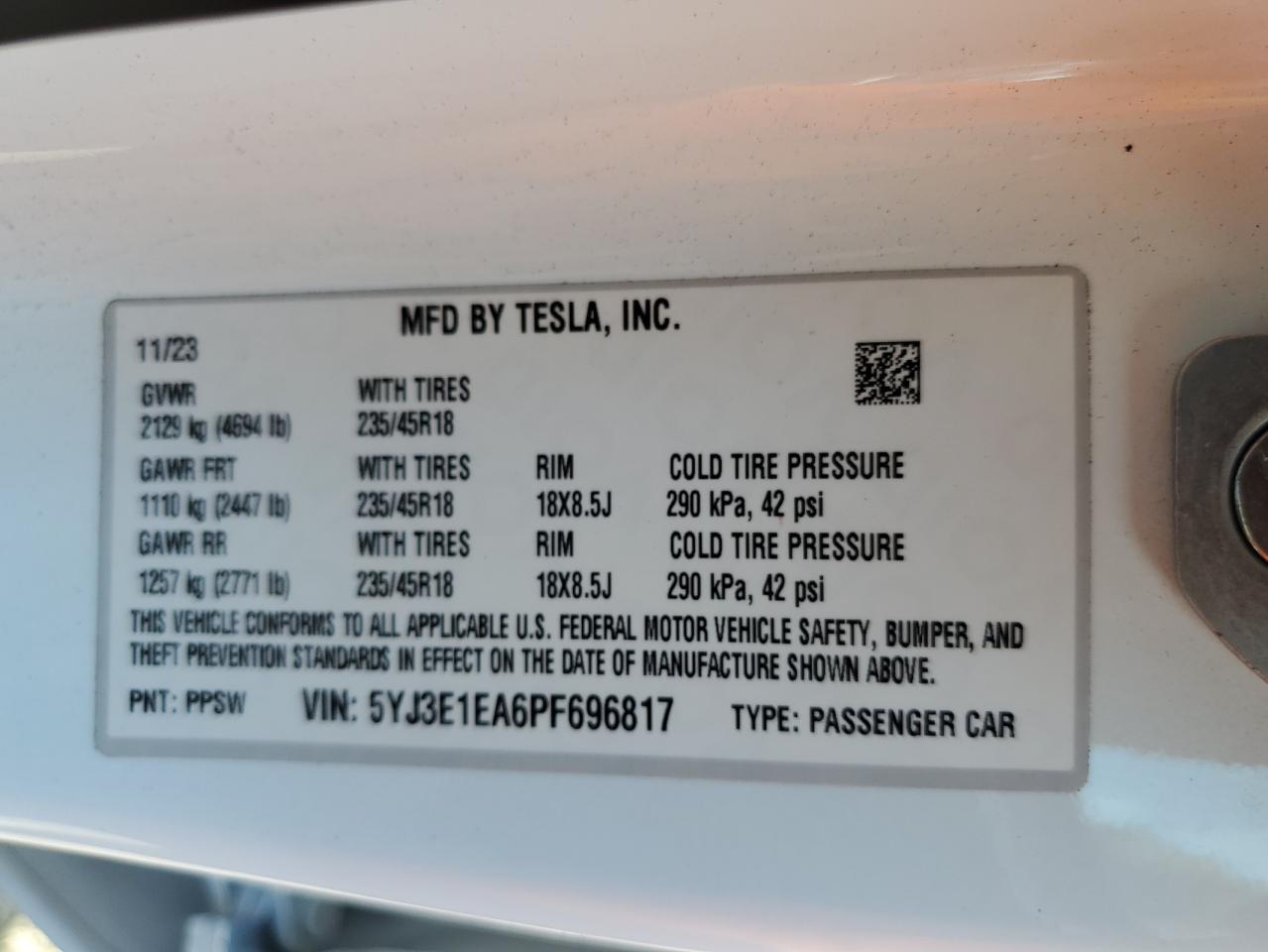 VIN 5YJ3E1EA6PF696817 2023 TESLA MODEL 3 no.12