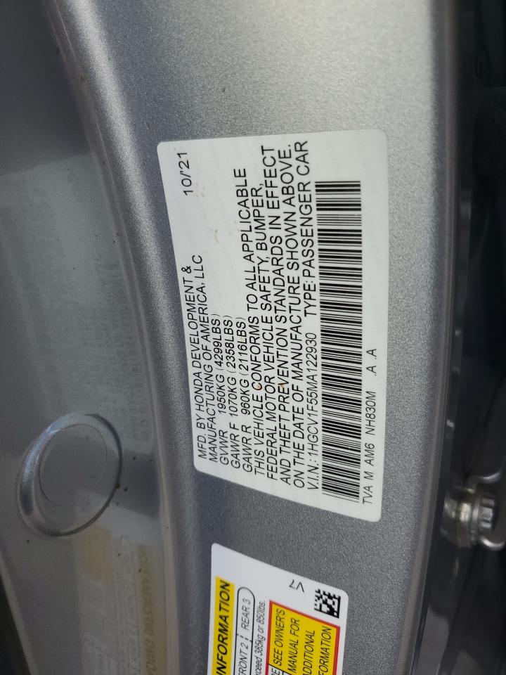 2021 Honda Accord Exl VIN: 1HGCV1F55MA122930 Lot: 77309984