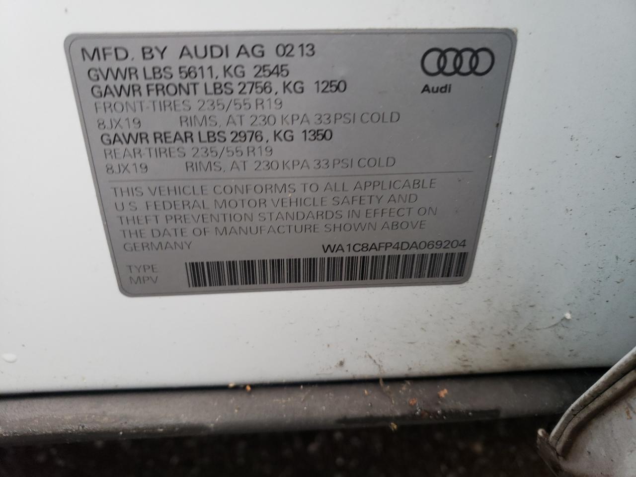 2013 Audi Q5 Premium Hybrid VIN: WA1C8AFP4DA069204 Lot: 80386824