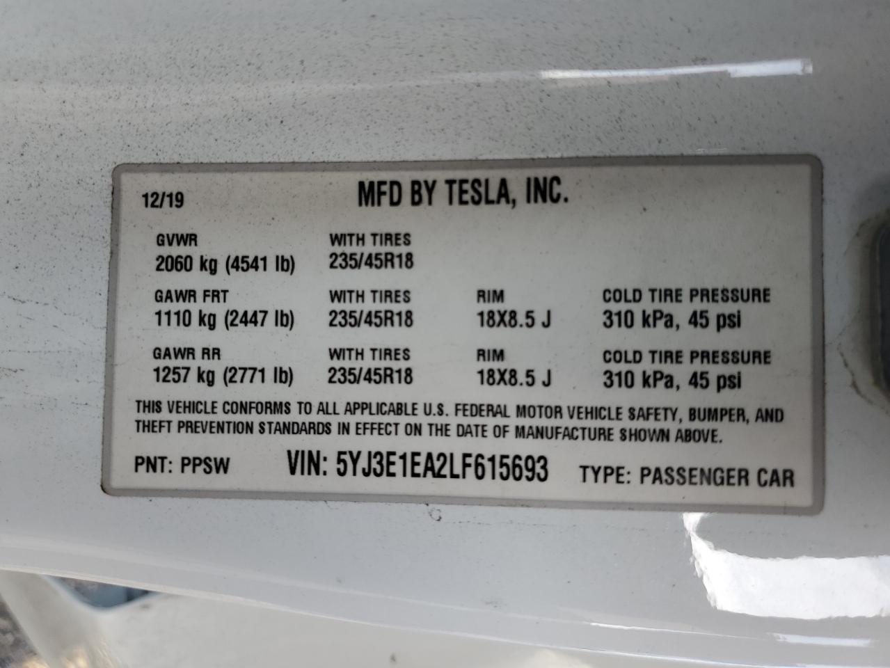 VIN 5YJ3E1EA2LF615693 2020 TESLA MODEL 3 no.12