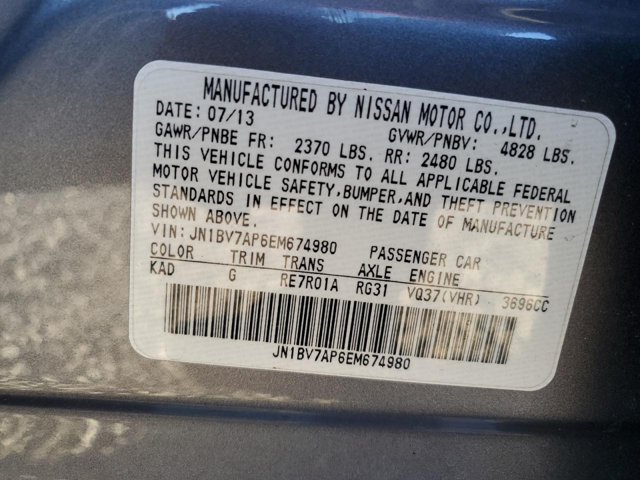 VIN JN1BV7AP6EM674980 2014 INFINITI Q50 no.12