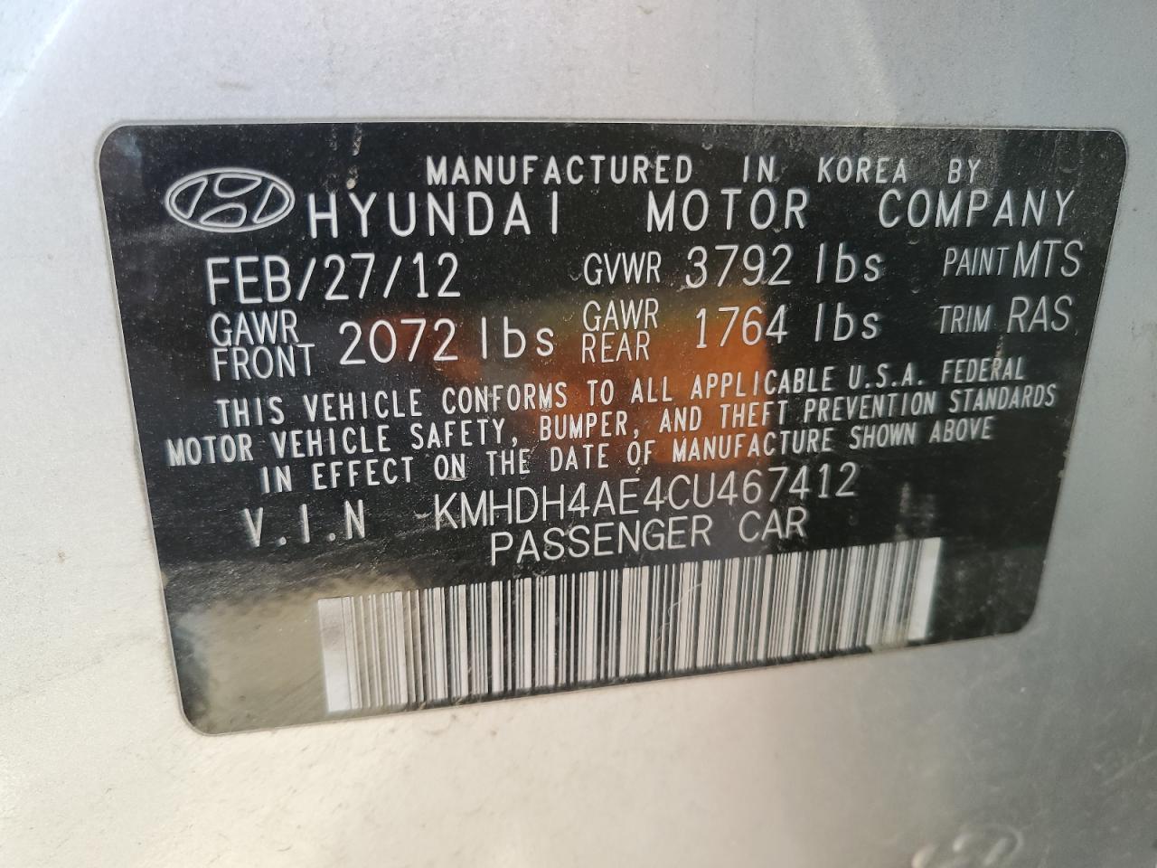 2012 Hyundai Elantra Gls VIN: KMHDH4AE4CU467412 Lot: 81919924