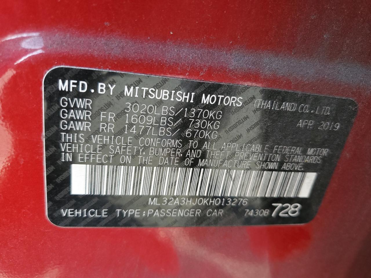 2019 Mitsubishi Mirage Es VIN: ML32A3HJ0KH013276 Lot: 78705594