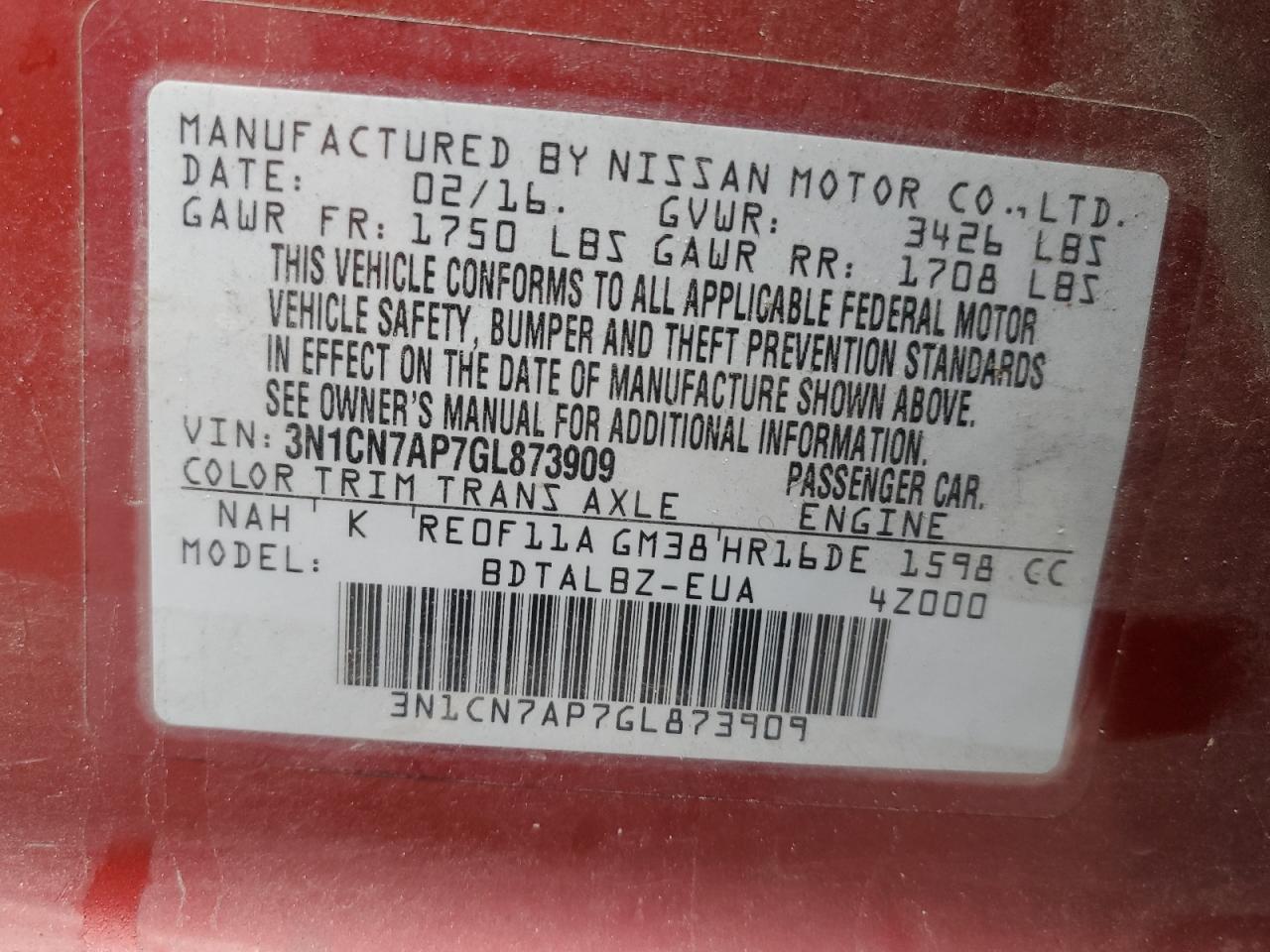 VIN 3N1CN7AP7GL873909 2016 NISSAN VERSA no.12