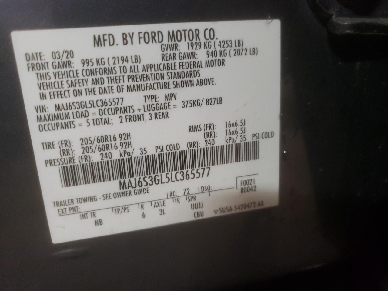 2020 Ford Ecosport Se VIN: MAJ6S3GL5LC365577 Lot: 81736394