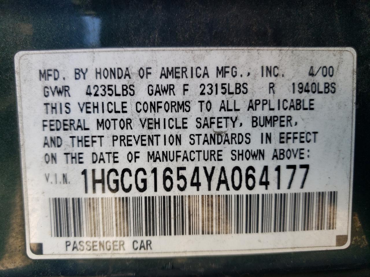 2000 Honda Accord Ex VIN: 1HGCG1654YA064177 Lot: 81180324