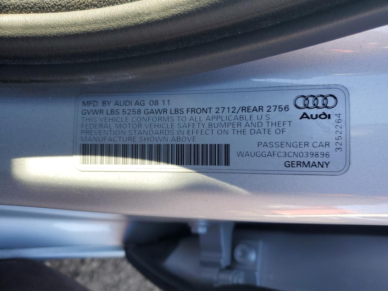 2012 Audi A6 Premium Plus VIN: WAUGGAFC3CN039896 Lot: 82392504