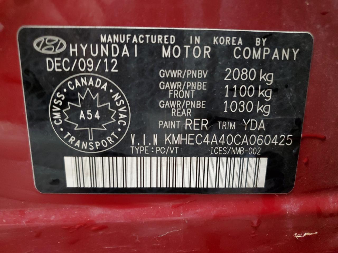 2012 Hyundai Sonata Hybrid VIN: KMHEC4A40CA060425 Lot: 82096104