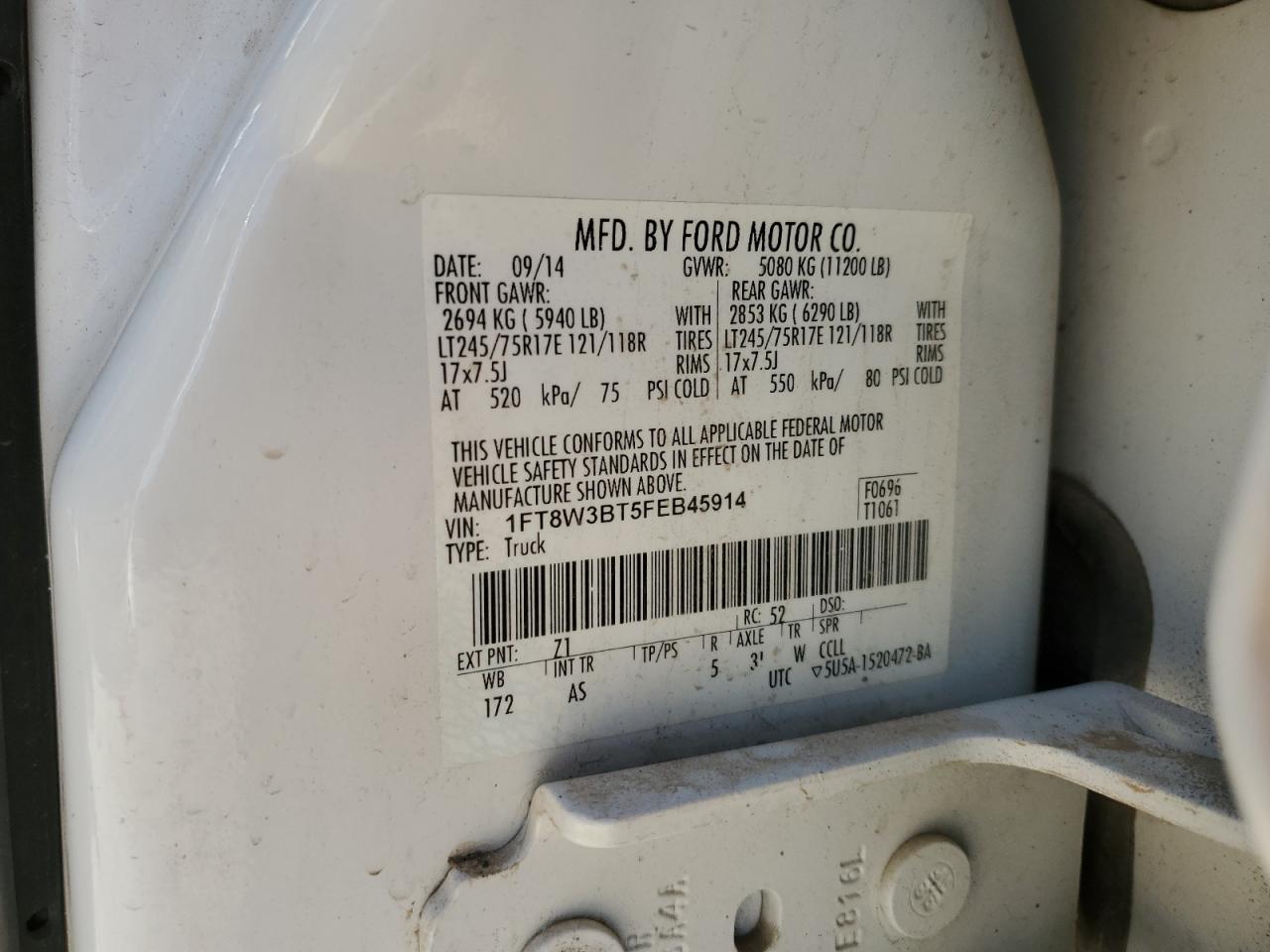 2015 Ford F350 Super Duty VIN: 1FT8W3BT5FEB45914 Lot: 81304634