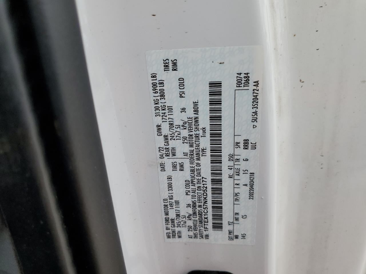 2022 Ford F150 Super Cab VIN: 1FTEX1C57NKD52177 Lot: 79552364