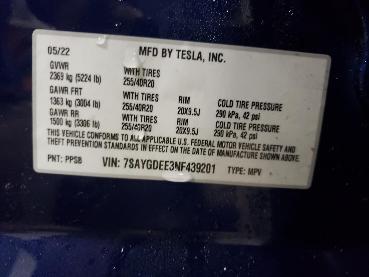 2022 Tesla Model Y VIN: 7SAYGDEE3NF439201 Lot: 81050294