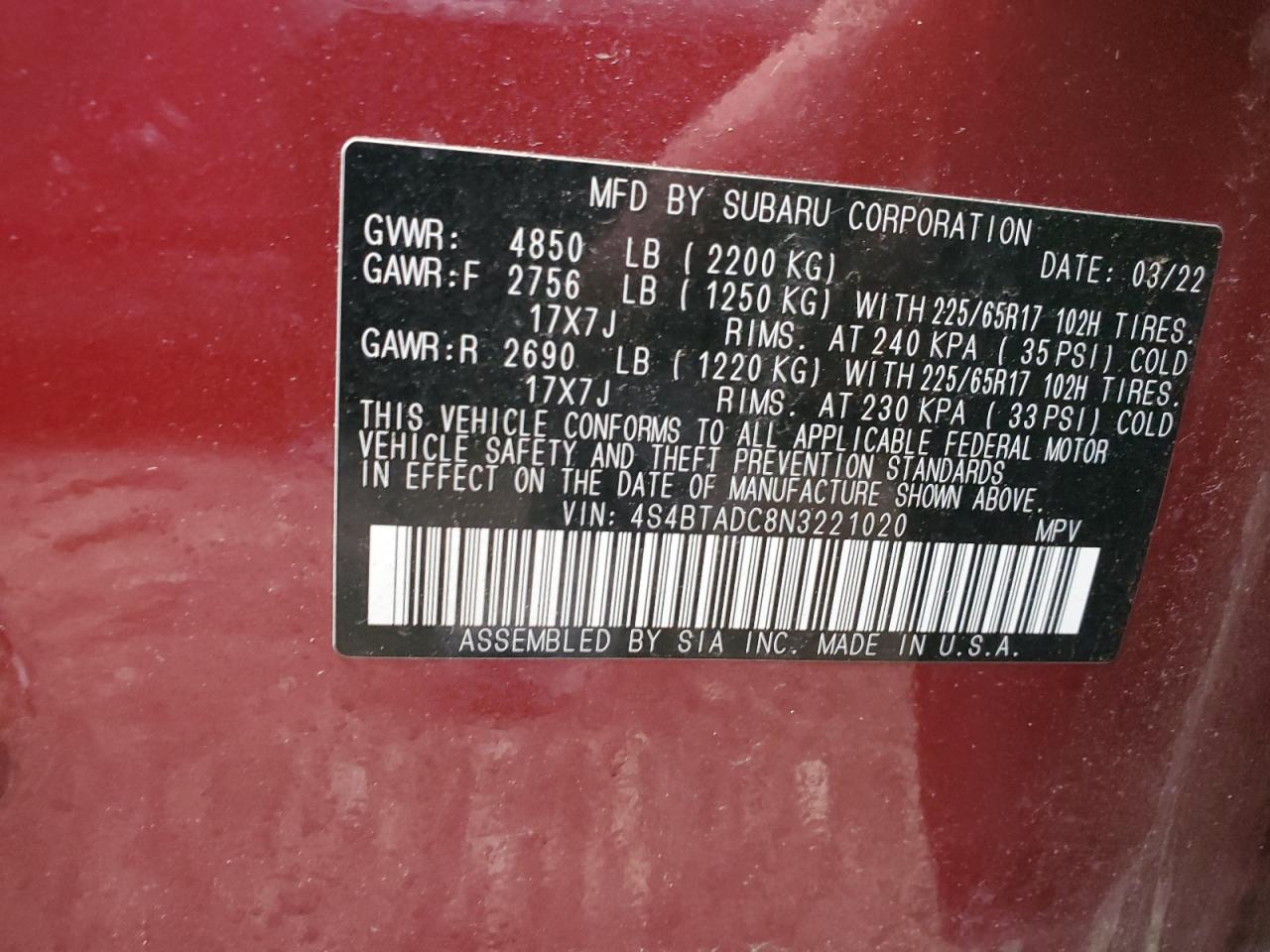 2022 Subaru Outback Premium VIN: 4S4BTADC8N3221020 Lot: 47870645
