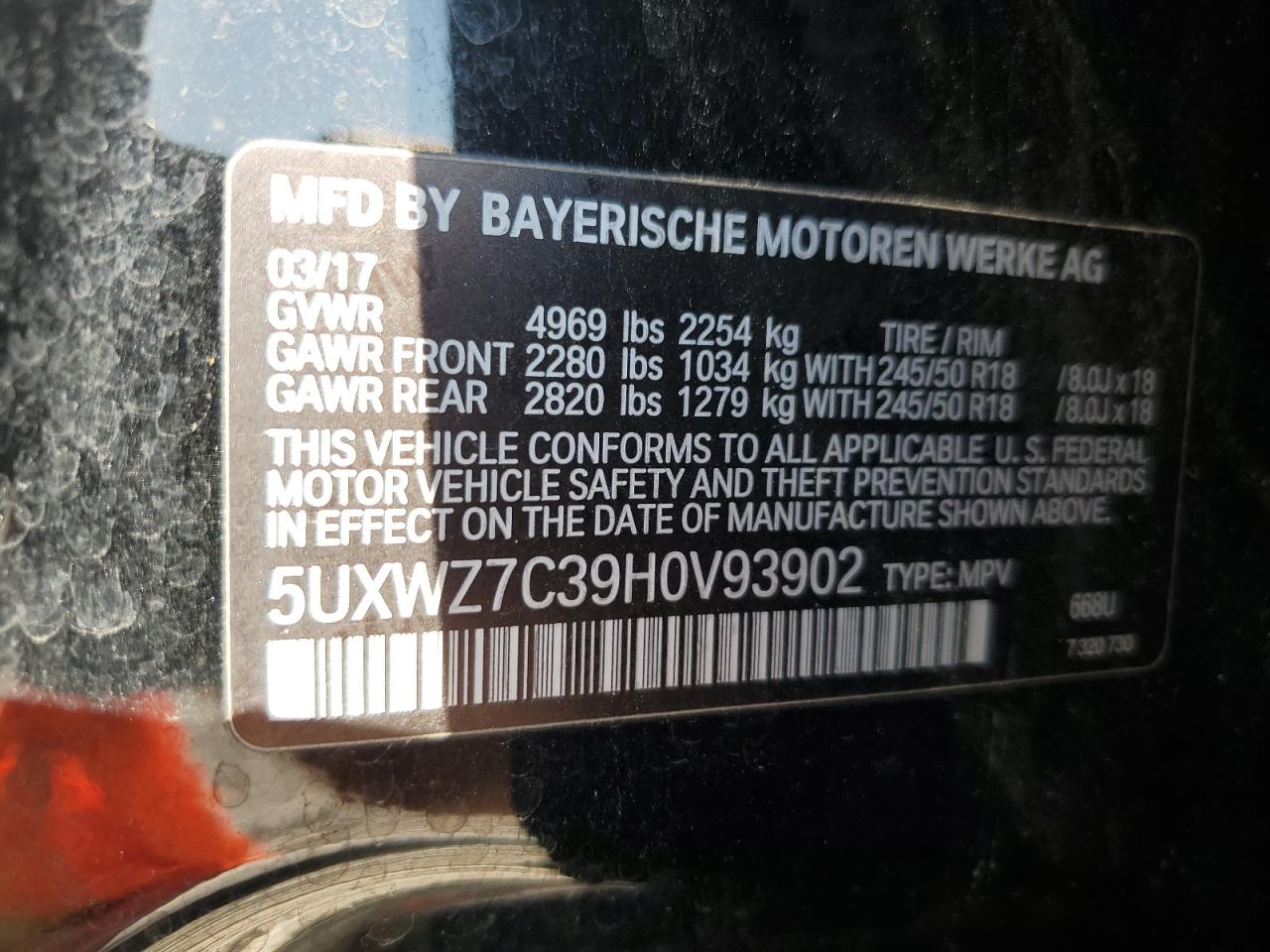 VIN 5UXWZ7C39H0V93902 2017 BMW X3 no.13