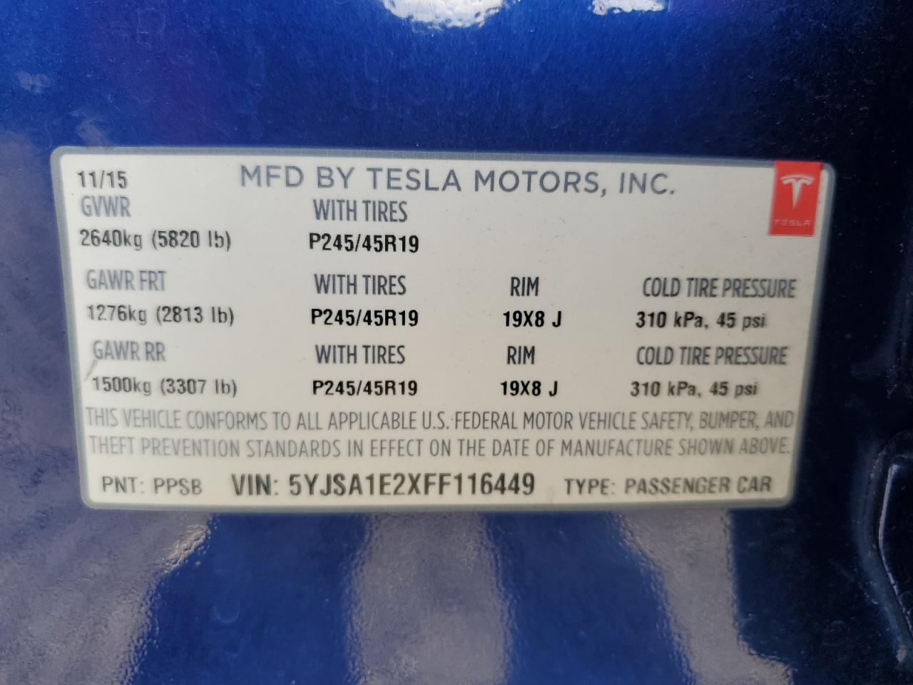 VIN 5YJSA1E2XFF116449 2015 TESLA MODEL S no.12