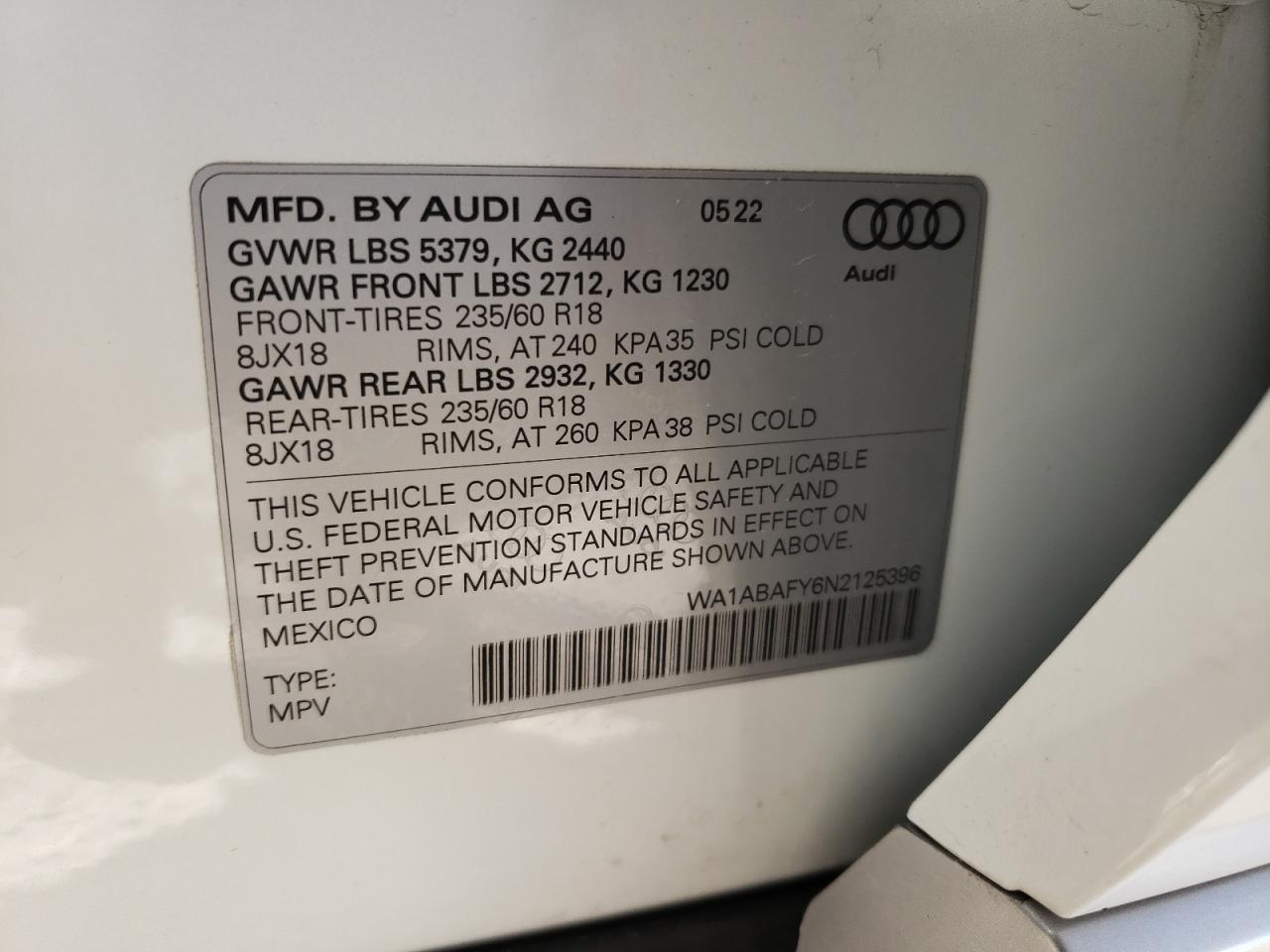 2022 Audi Q5 Premium 40 VIN: WA1ABAFY6N2125396 Lot: 79565934