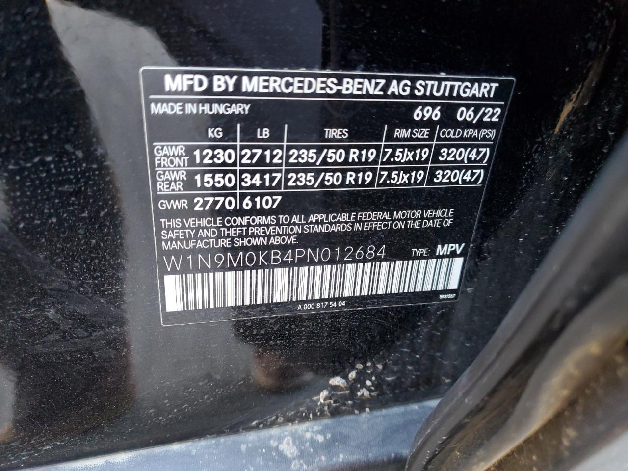 2023 Mercedes-Benz Eqb 300 4Matic VIN: W1N9M0KB4PN012684 Lot: 79766554