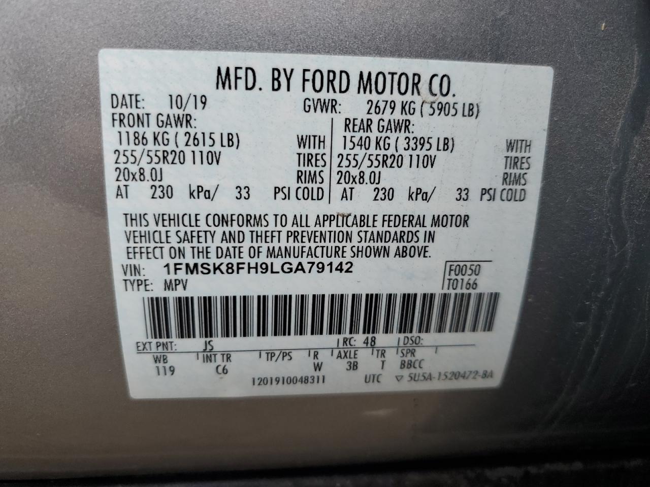 2020 Ford Explorer Limited VIN: 1FMSK8FH9LGA79142 Lot: 79290684