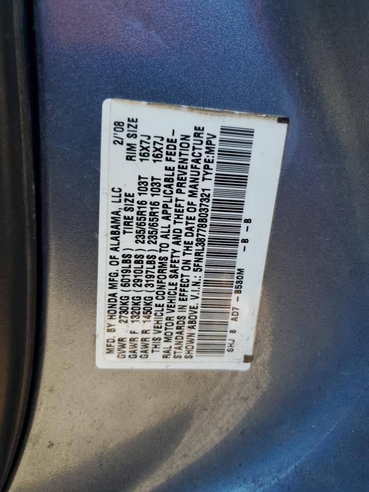 2008 Honda Odyssey Exl VIN: 5FNRL38778B037321 Lot: 79564164