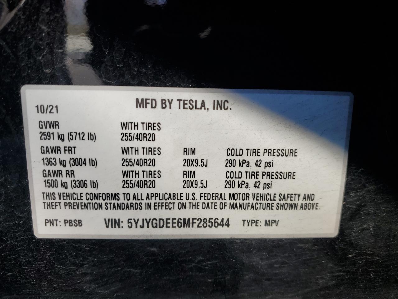 2021 Tesla Model Y VIN: 5YJYGDEE6MF285644 Lot: 79886474