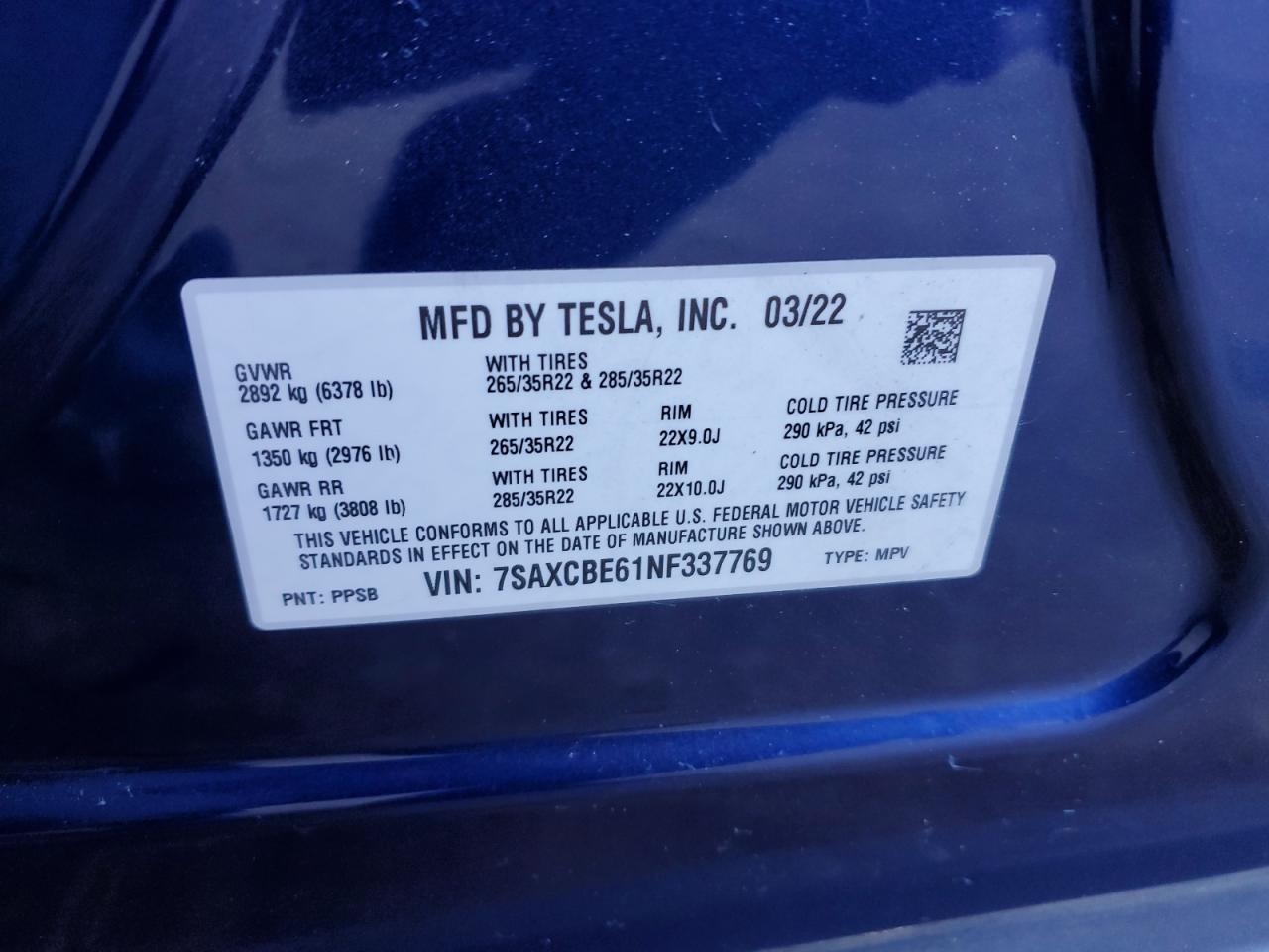 VIN 7SAXCBE61NF337769 2022 TESLA MODEL X no.14