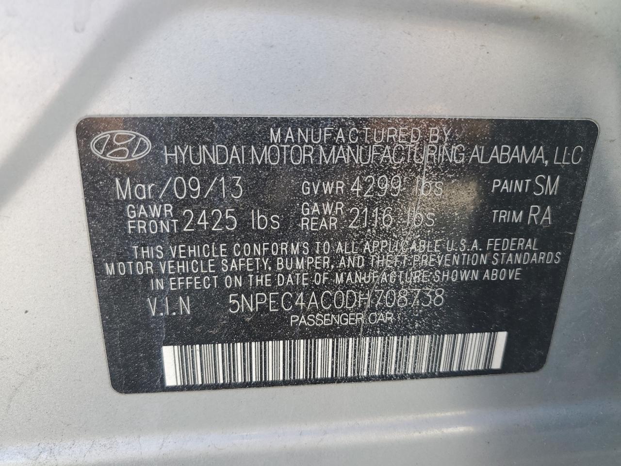 2013 Hyundai Sonata Se VIN: 5NPEC4AC0DH708738 Lot: 79666624