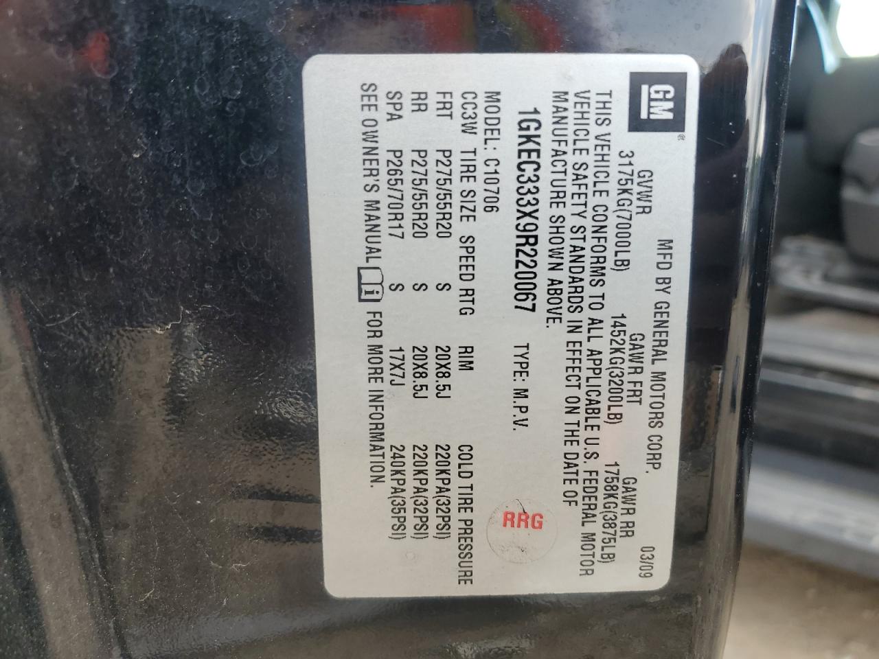 2009 GMC Yukon Slt VIN: 1GKEC333X9R220067 Lot: 79943324