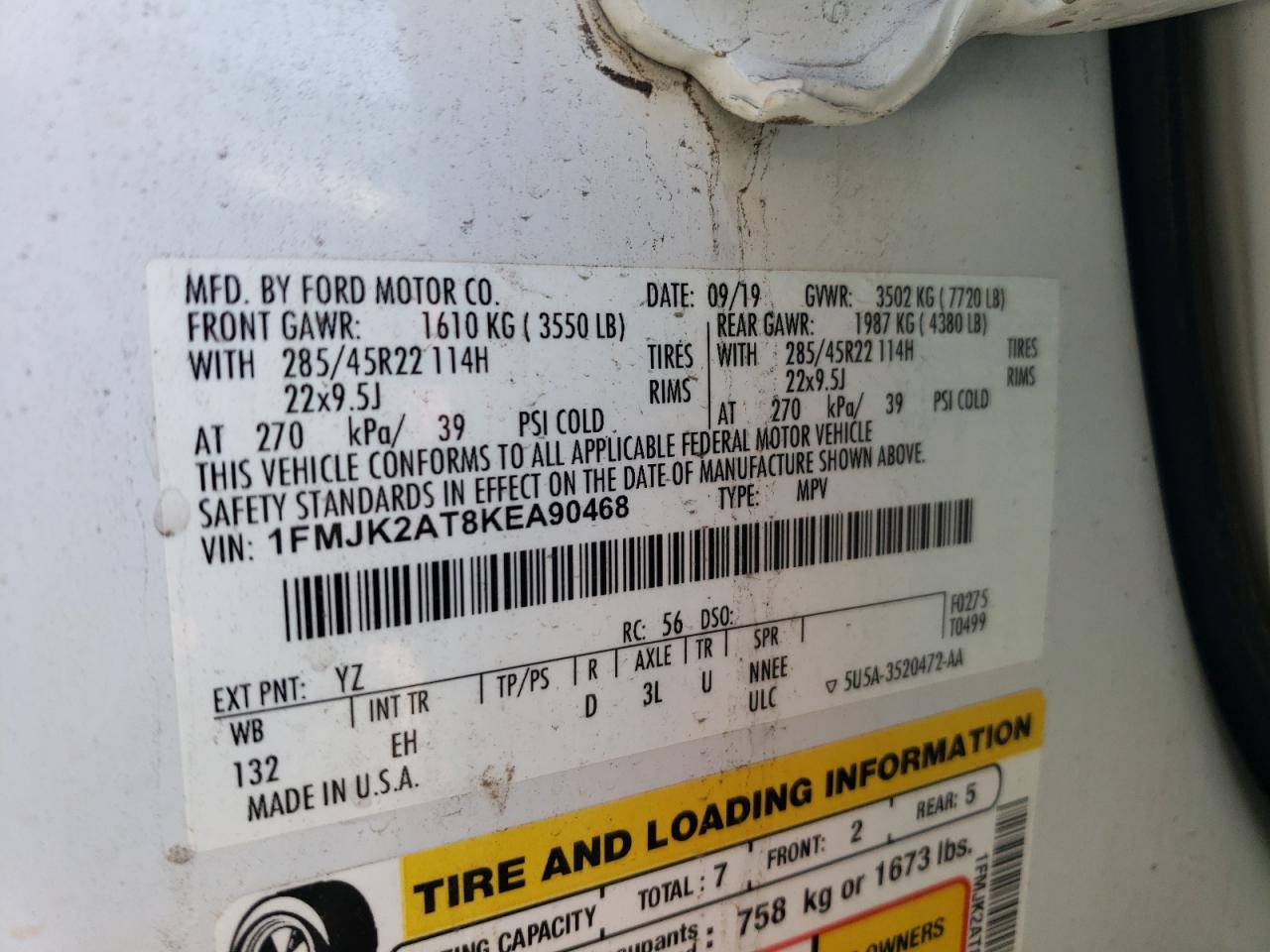 2019 Ford Expedition Max Limited VIN: 1FMJK2AT8KEA90468 Lot: 82135554