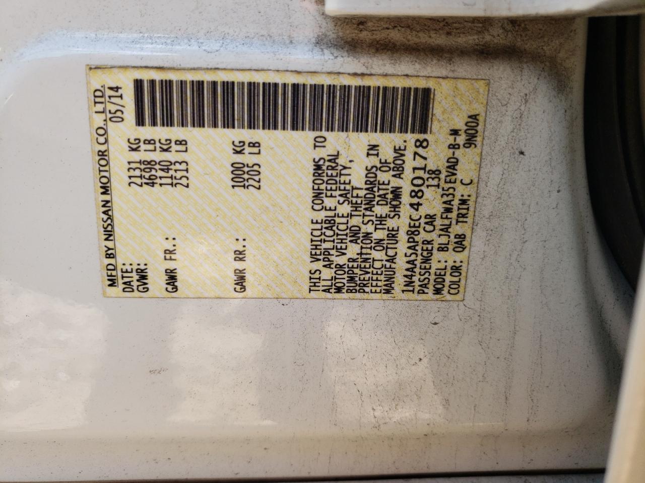 2014 Nissan Maxima S VIN: 1N4AA5AP8EC480178 Lot: 81818934