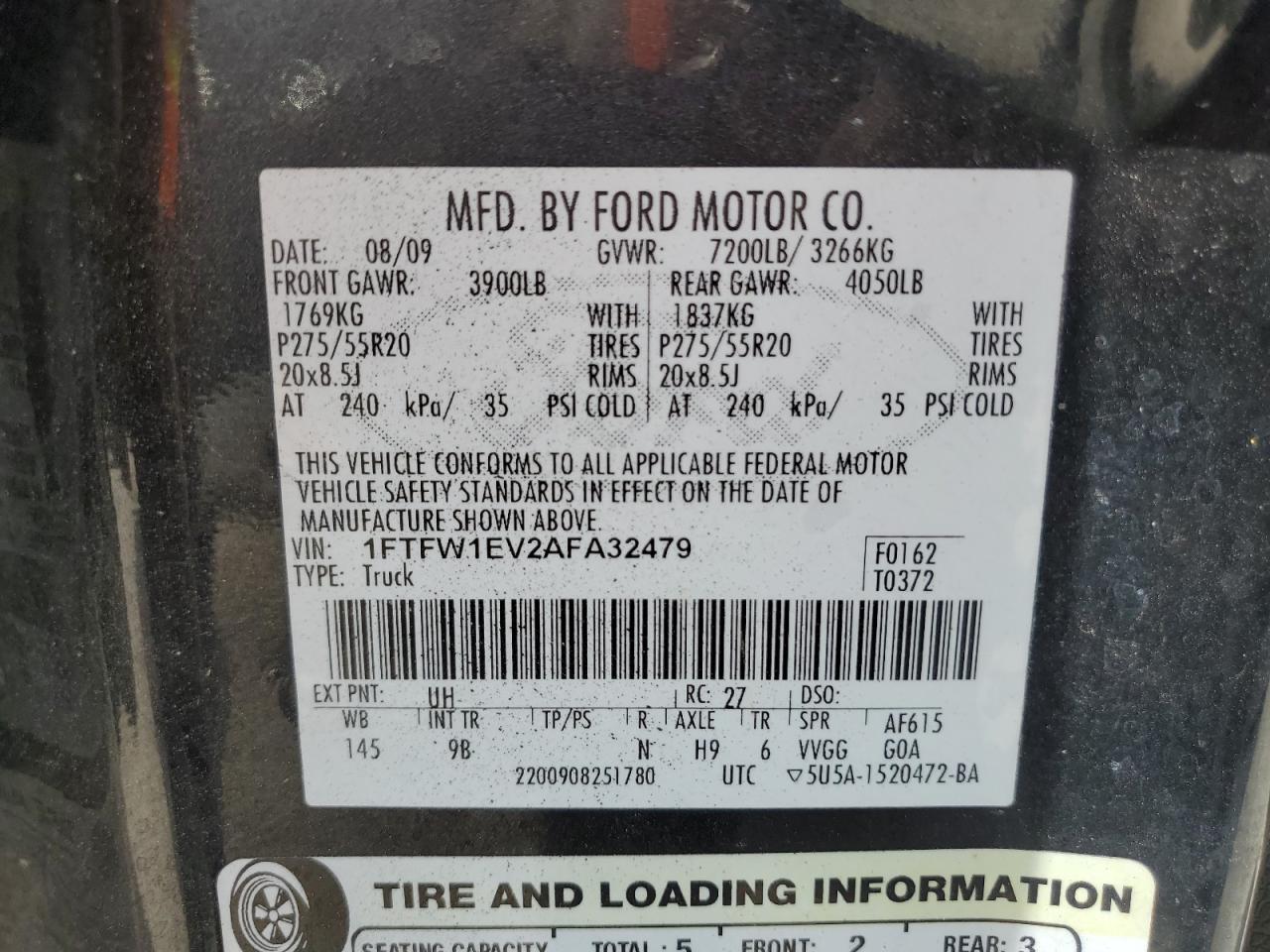 2010 Ford F150 Supercrew VIN: 1FTFW1EV2AFA32479 Lot: 79342784