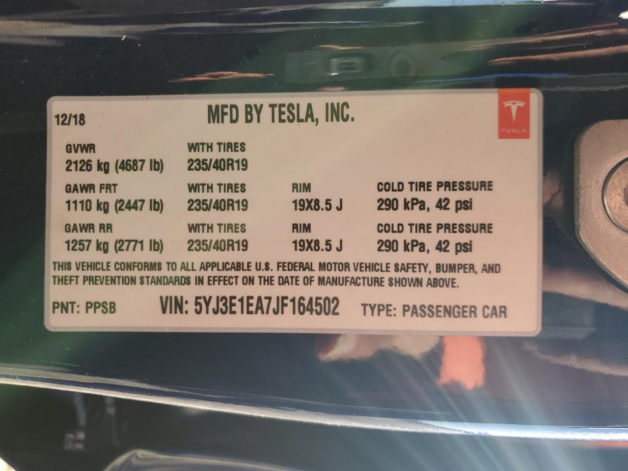 2018 Tesla Model 3 VIN: 5YJ3E1EA7JF164502 Lot: 81607784