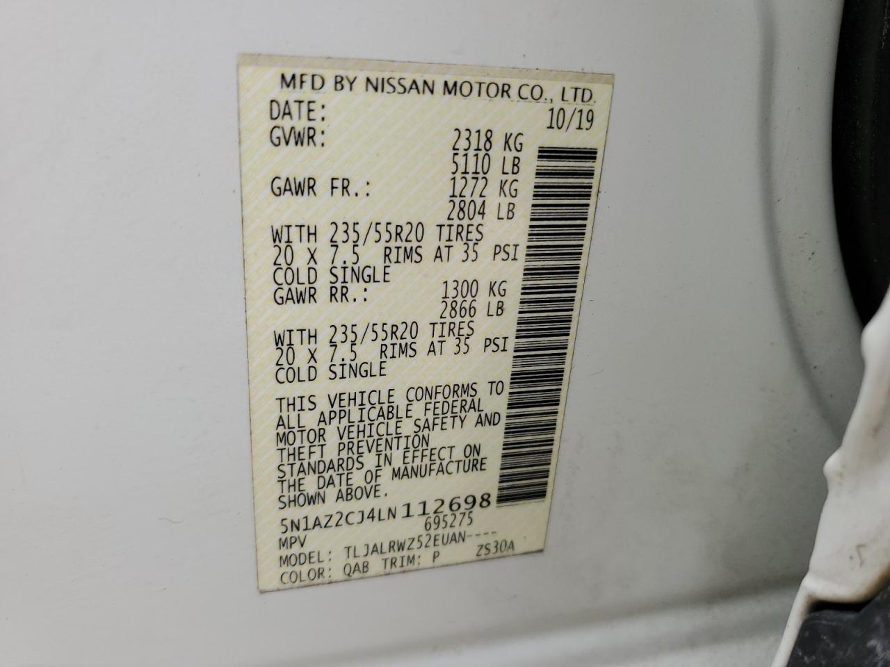 2020 Nissan Murano Sl VIN: 5N1AZ2CJ4LN112698 Lot: 79598194