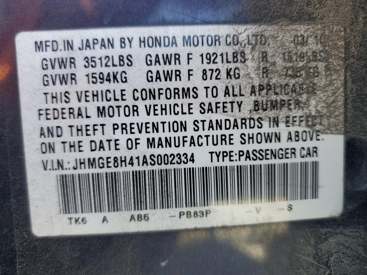 2010 Honda Fit Sport VIN: JHMGE8H41AS002334 Lot: 79259744