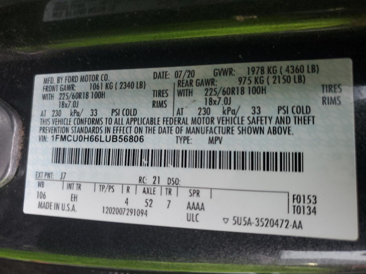 VIN 1FMCU0H66LUB56806 2020 FORD ESCAPE no.14