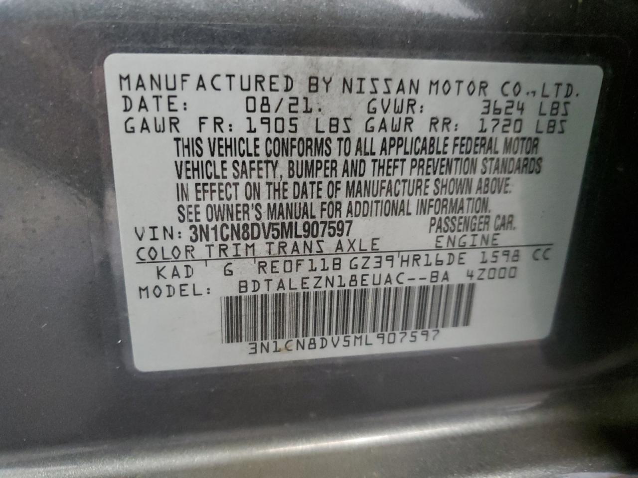 2021 Nissan Versa S VIN: 3N1CN8DV5ML907597 Lot: 80523734