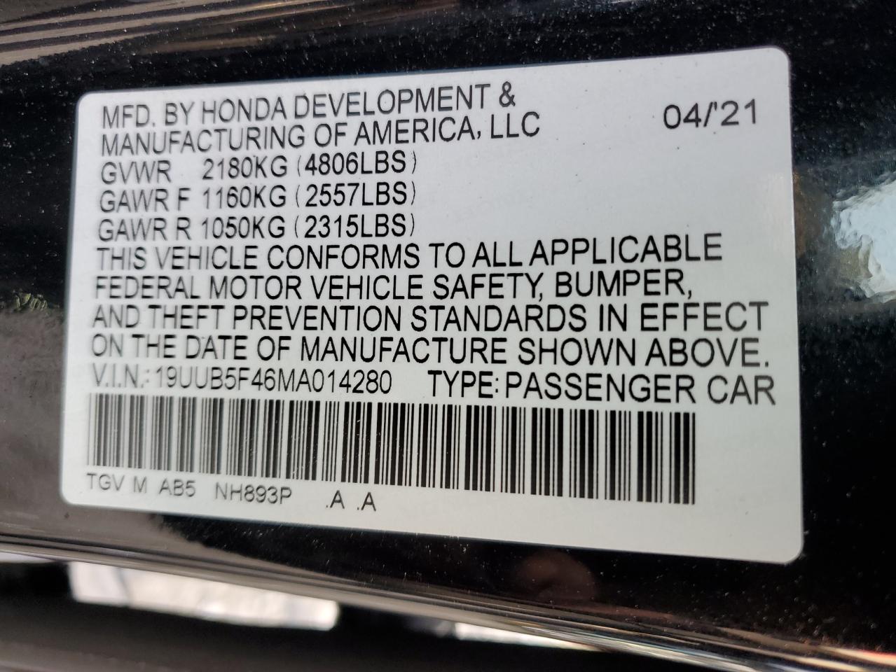 VIN 19UUB5F46MA014280 2021 ACURA TLX no.12