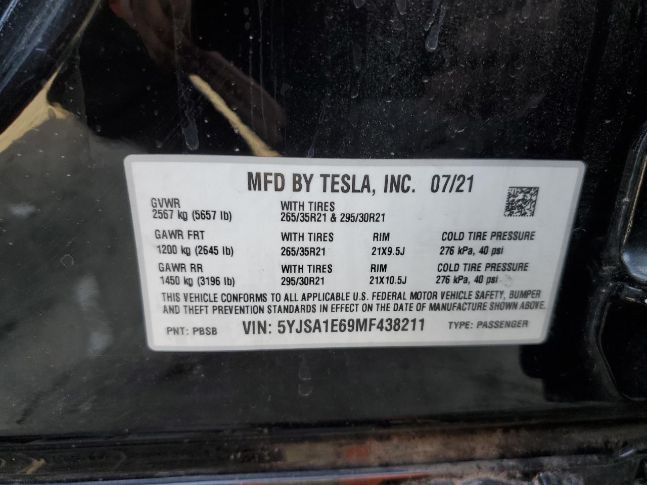 2021 Tesla Model S VIN: 5YJSA1E69MF438211 Lot: 79697604