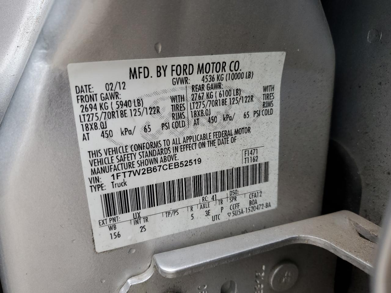 2012 Ford F250 Super Duty VIN: 1FT7W2B67CEB52519 Lot: 80912794