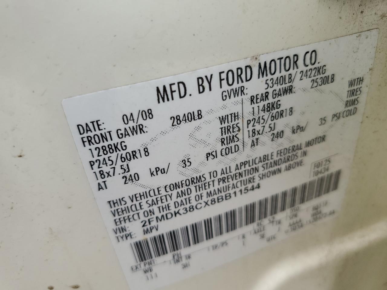 2008 Ford Edge Sel VIN: 2FMDK38CX8BB11544 Lot: 79281764