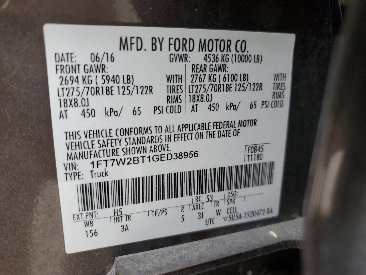 VIN 1FT7W2BT1GED38956 2016 FORD F250 no.13