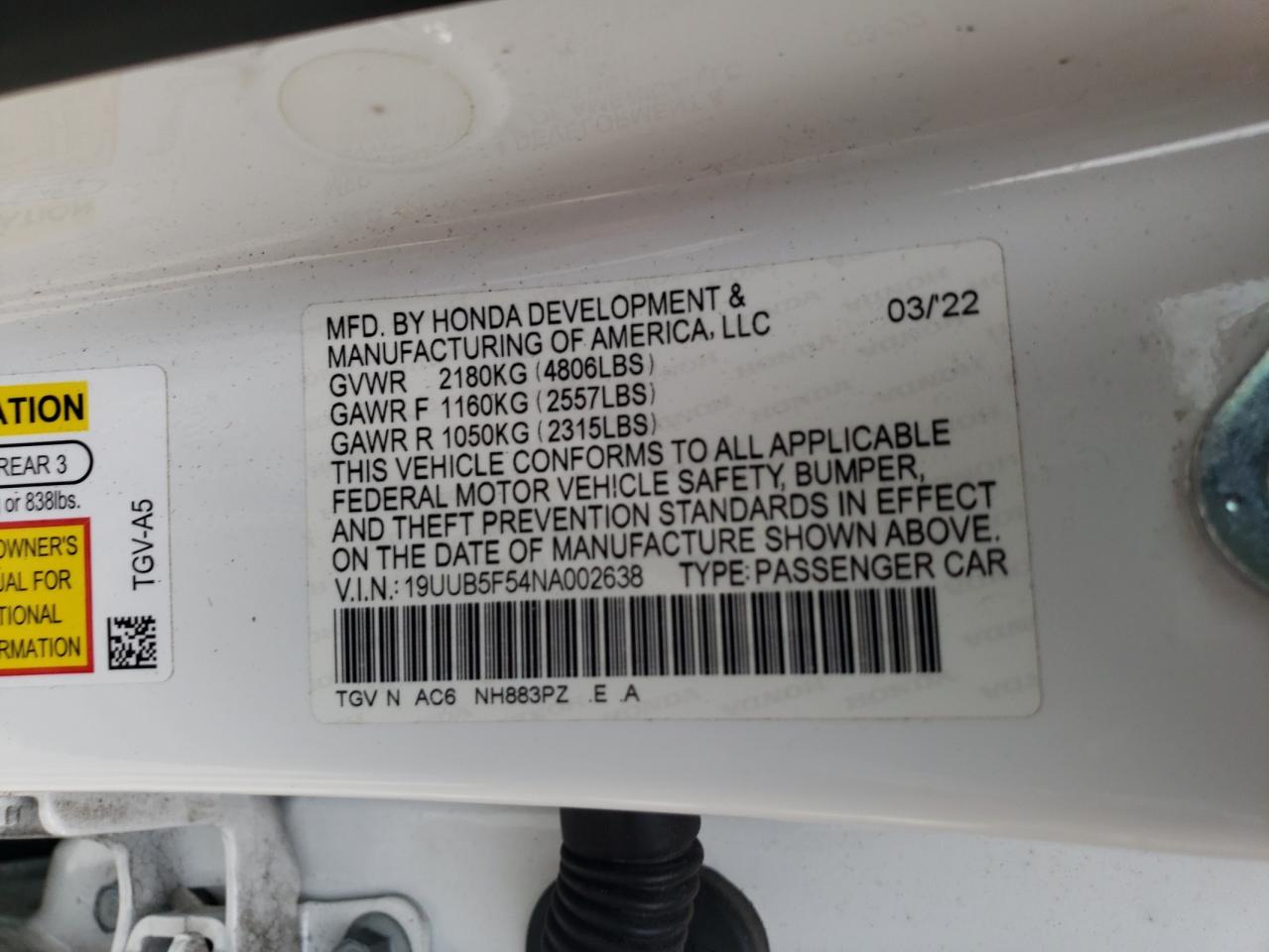 VIN 19UUB5F54NA002638 2022 ACURA TLX no.12