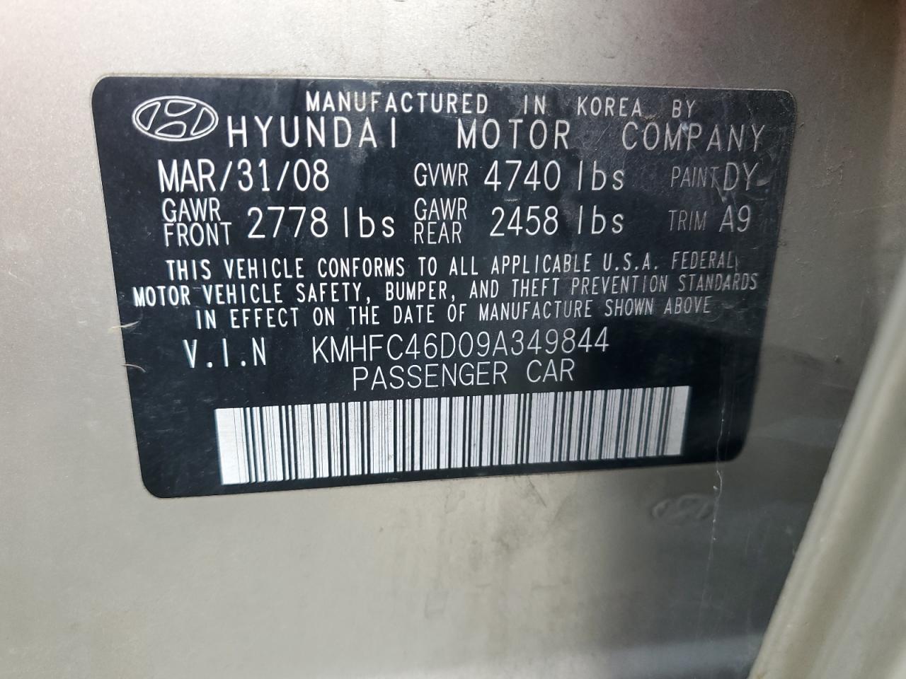 2009 Hyundai Azera Gls VIN: KMHFC46D09A349844 Lot: 79972964