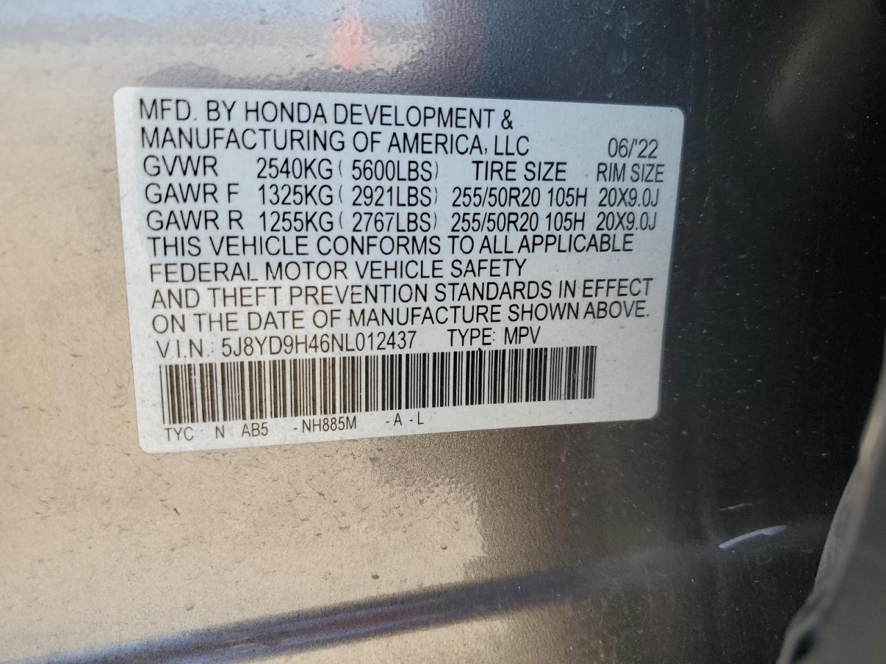 2022 Acura Mdx Technology VIN: 5J8YD9H46NL012437 Lot: 80527364